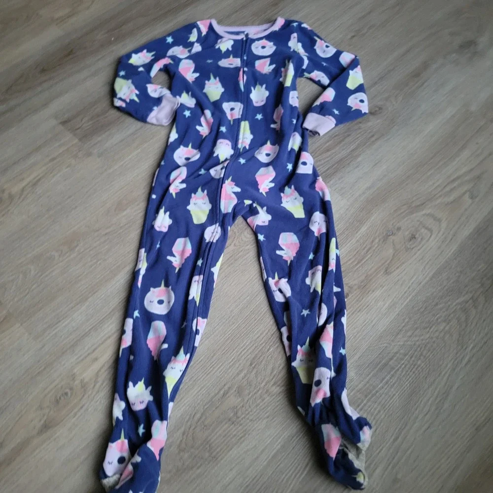 Carter's Girls Footed Pajamas 5 Navy Blue Fleece Unicorn Cupcake Sleepwear